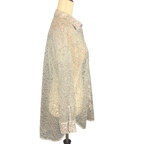 Anthropologie Metallic Lace Button Down Shirt Light Gray Silver X-Small - Picture 10 of 11